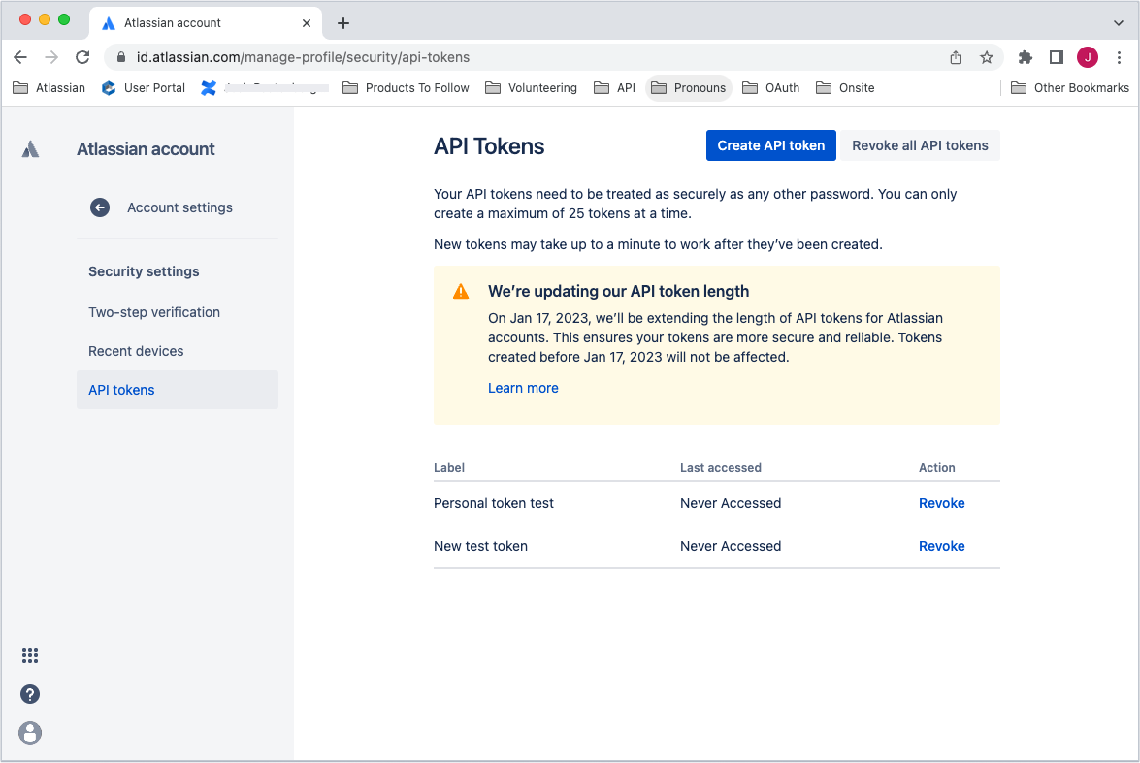 Atlassian account API tokens screen
