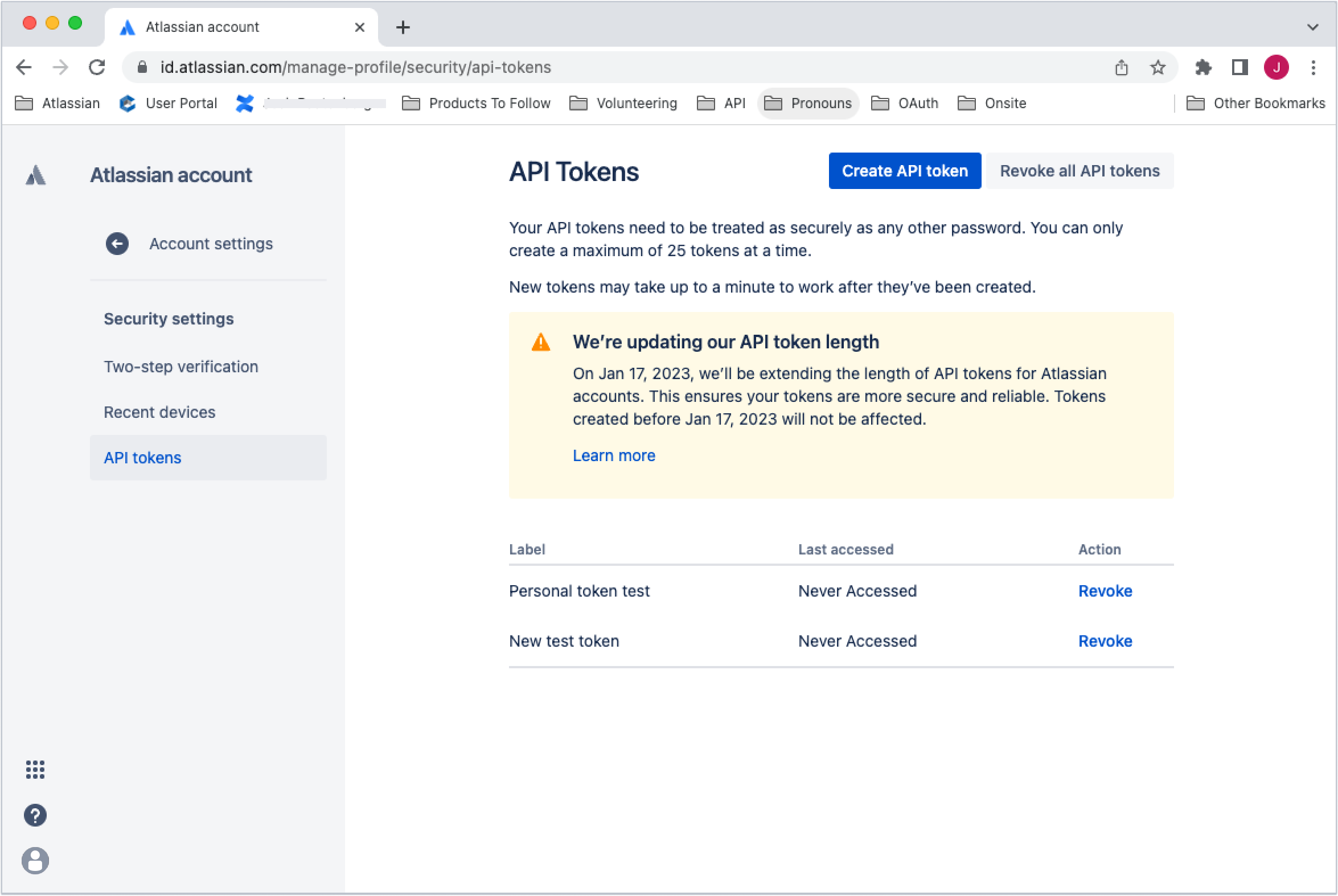 Atlassian account API Tokens screen