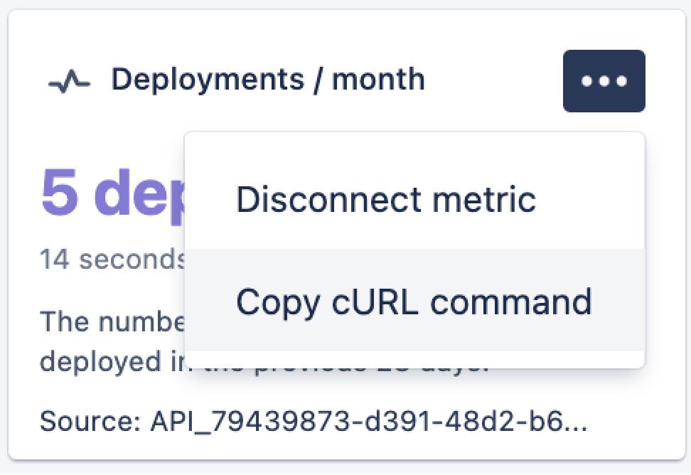 Image of the option to copy the cURL command from a metric tile having a metric value.