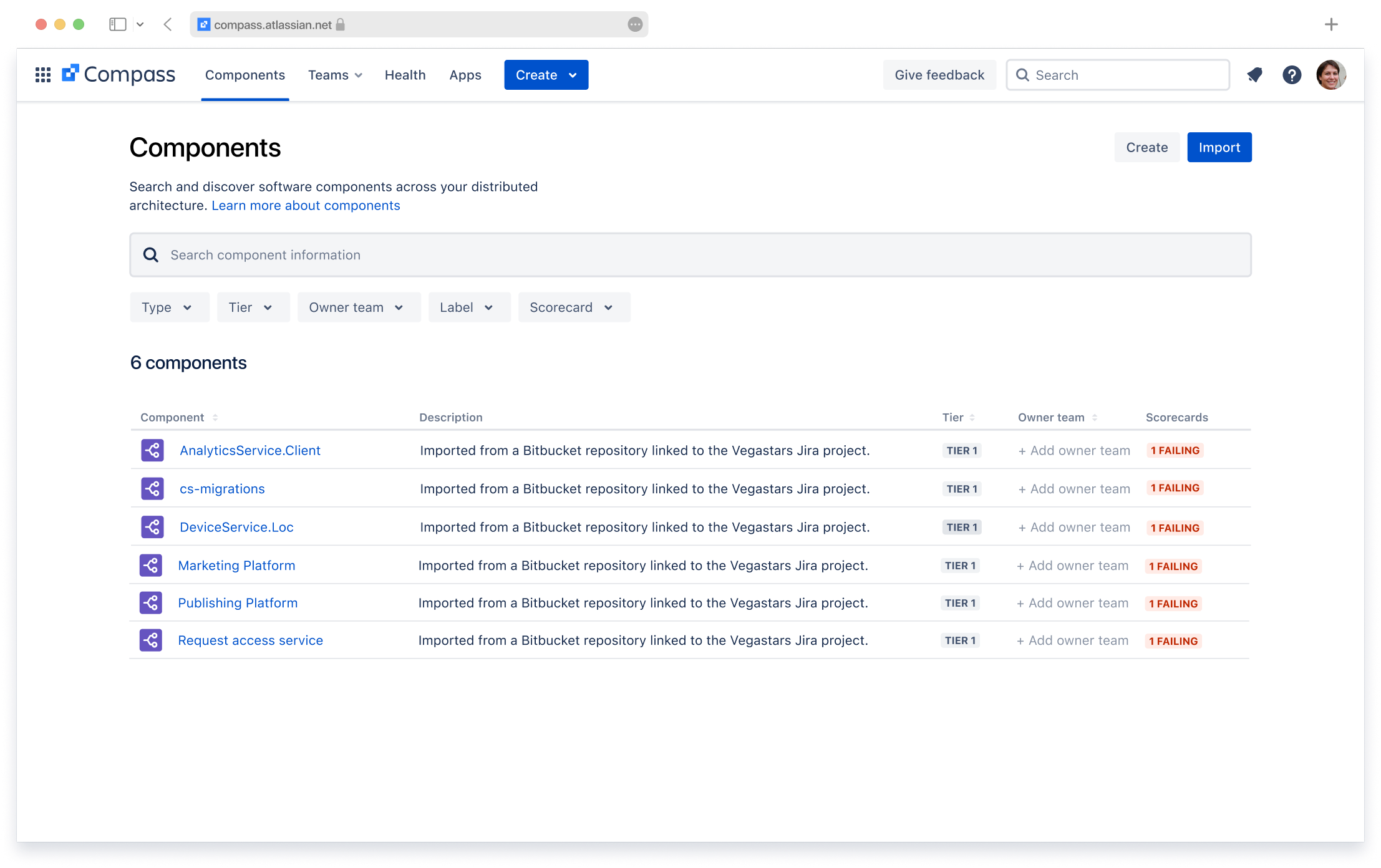 The Compass Components page, showing components created from repositories linked to Jira