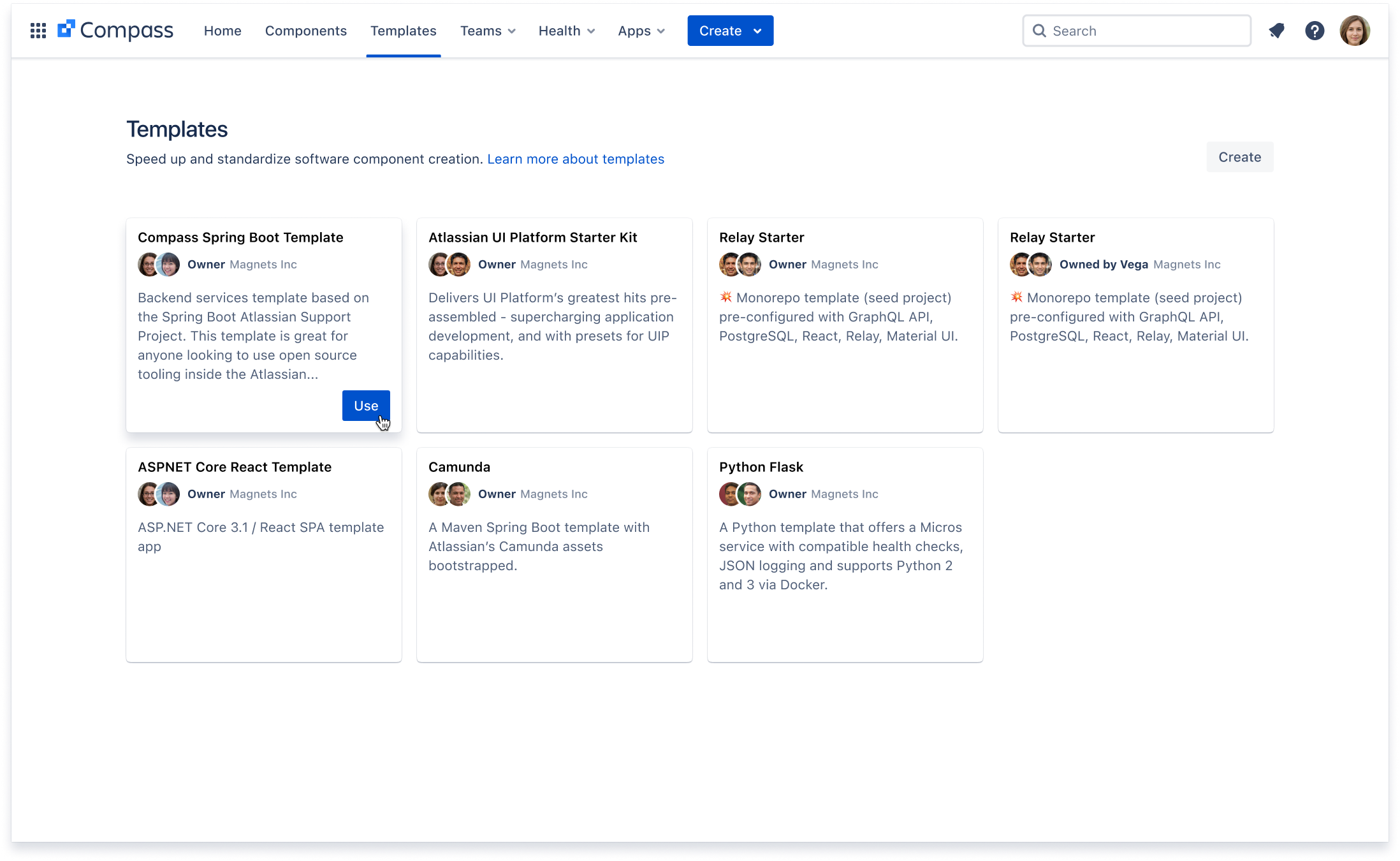 The Compass Templates page, showing templates created by a software team