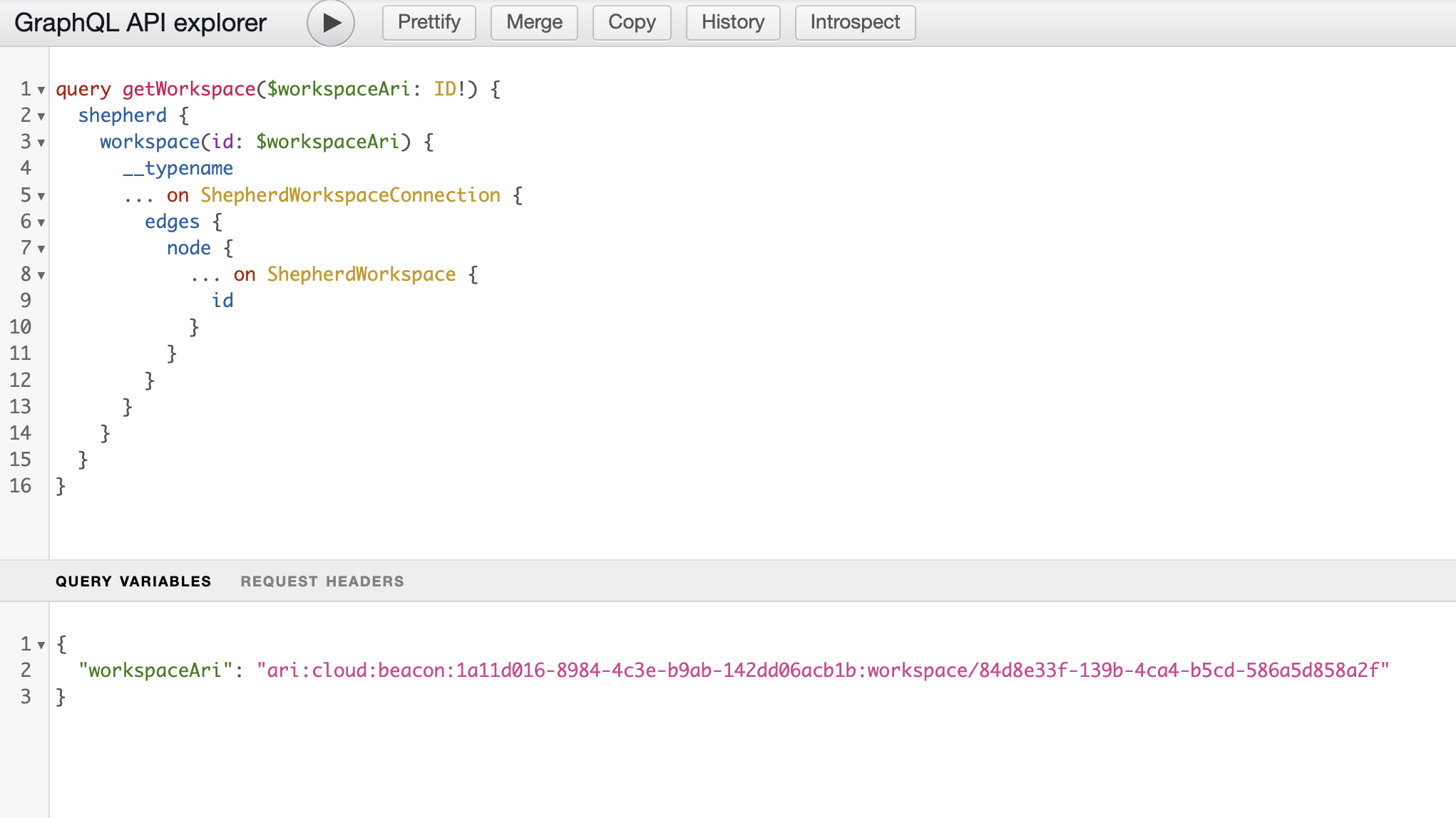 The GraphQL API explorer window with example code.