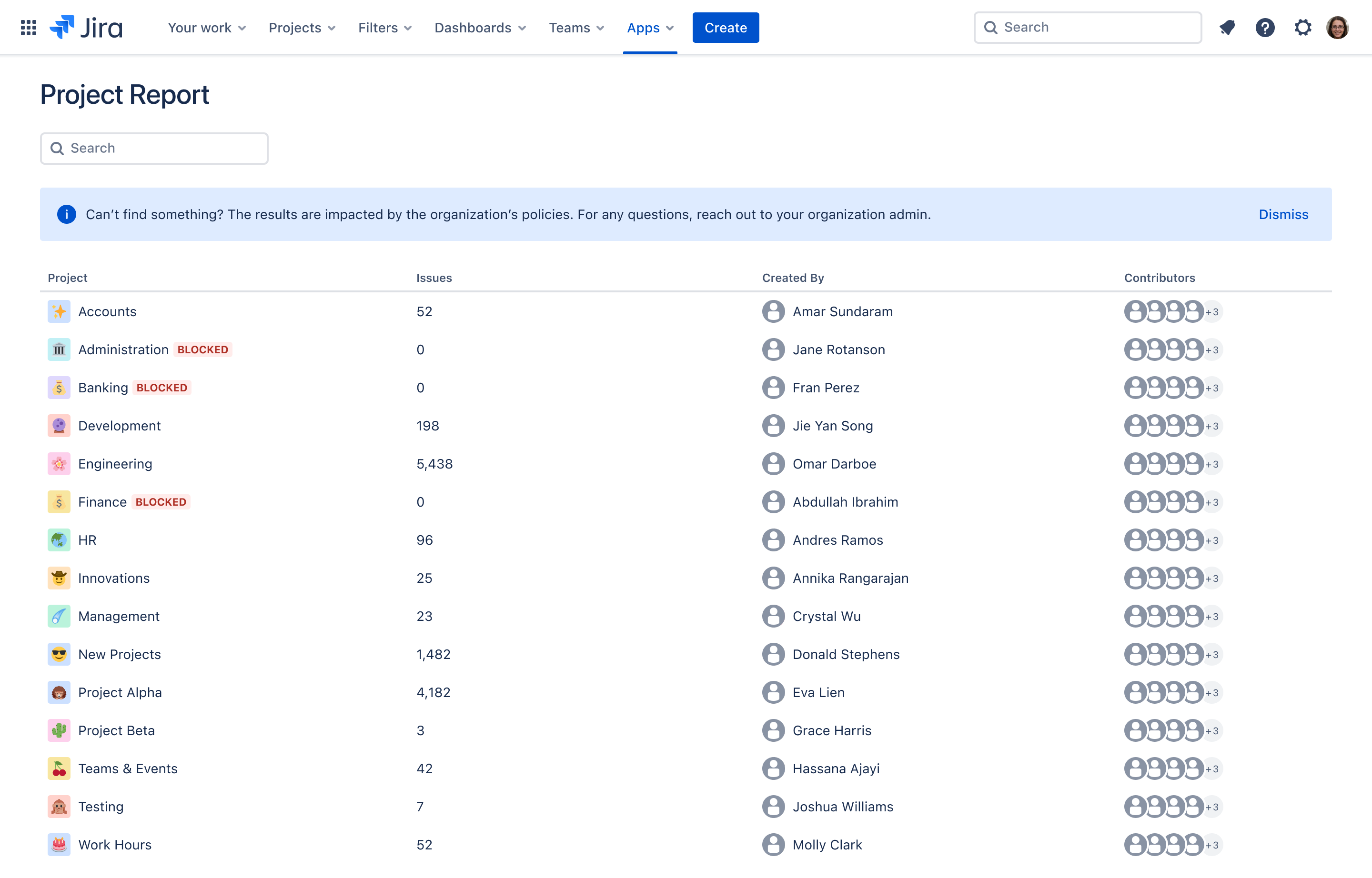 A sample image showing an app that indicates projects that are missing data in the report due to the effects of an app access rule