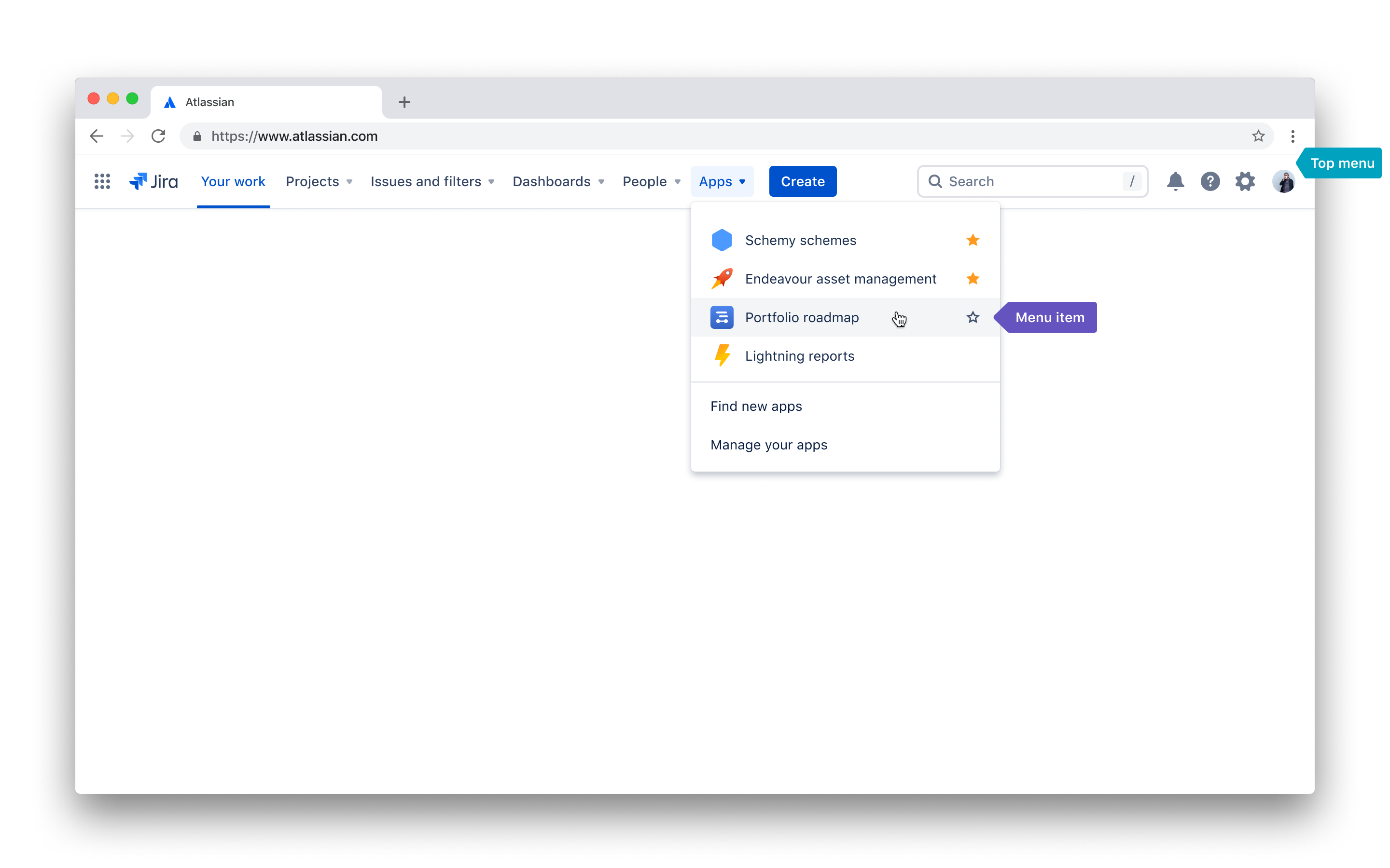 Jira navigation with top navigation Apps menu expanded showing added menu item