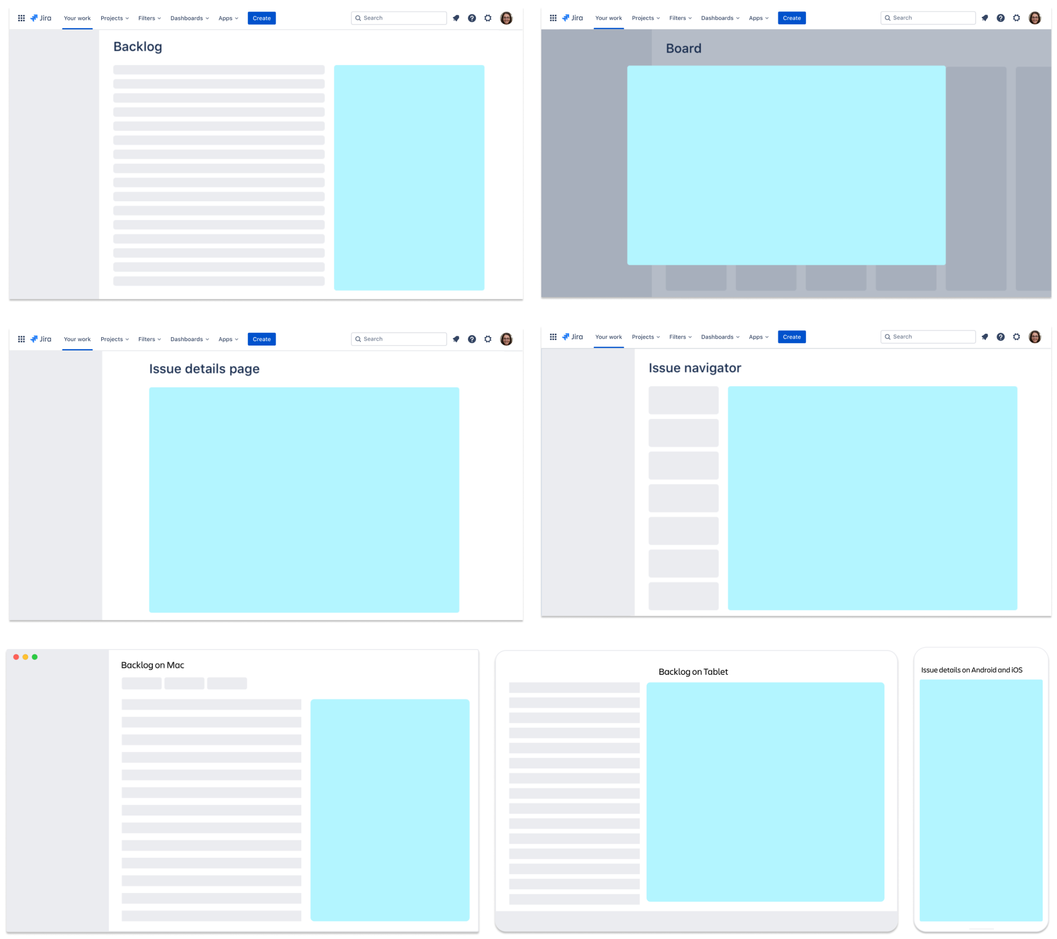 Diagram highlighting all of the environments within Jira where the issue view appears