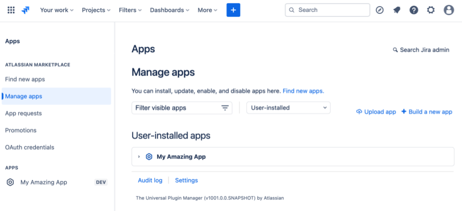 A screenshot of the Manage apps screen, showing an installed Connect app on a Confluence cloud developer site
