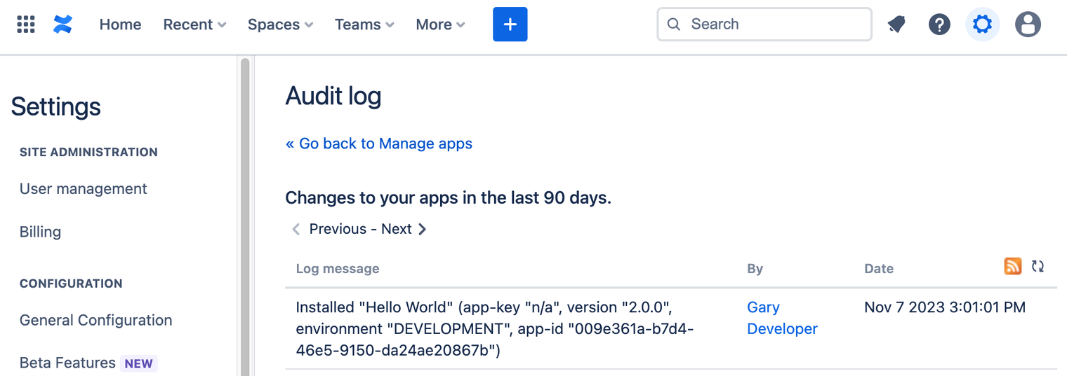 Screenshot of audit log, showing a log message of a new app installed, when an app updates to the Forge version