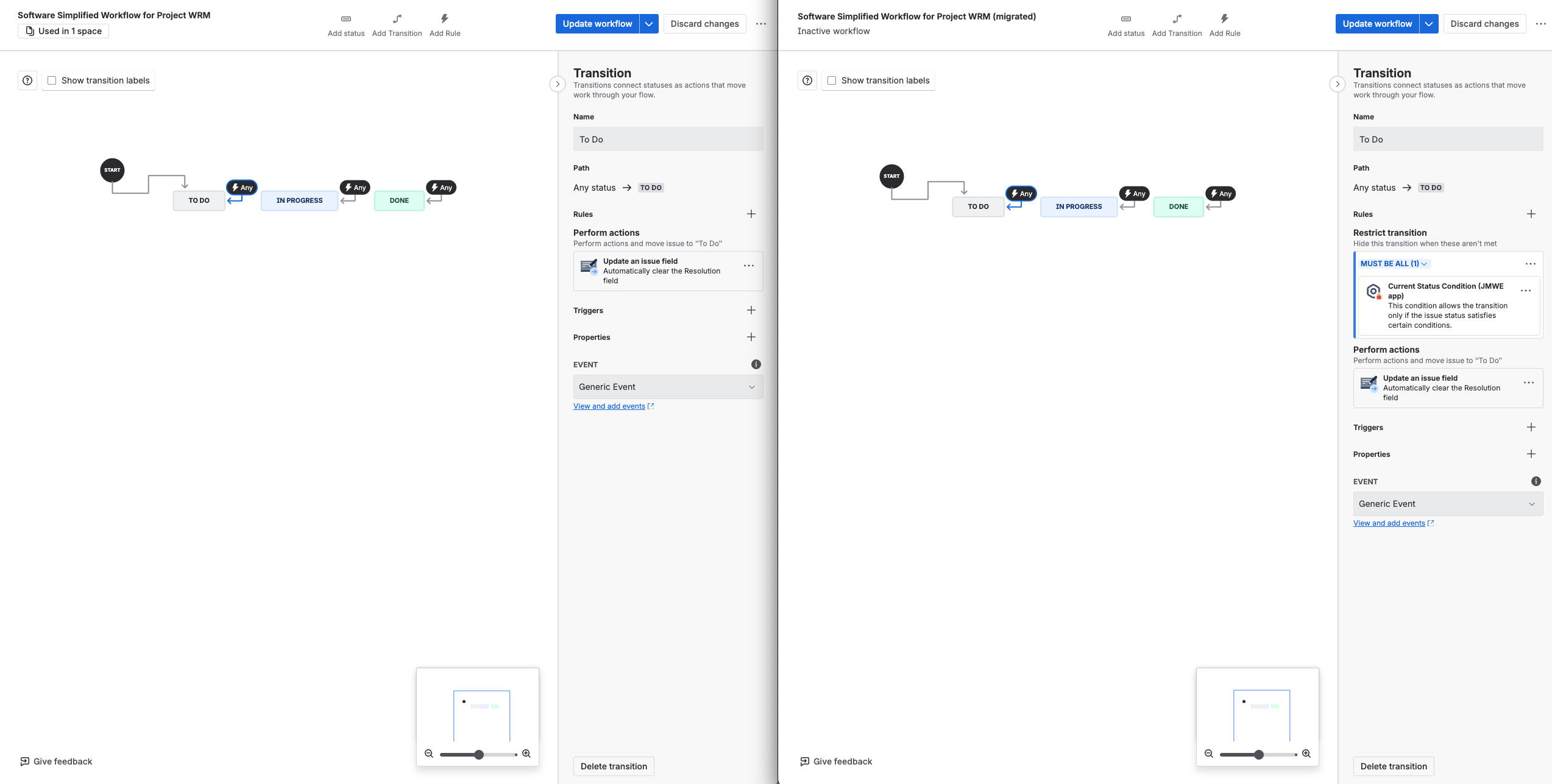 Example comparison of workflow from project data migration and app data only migration