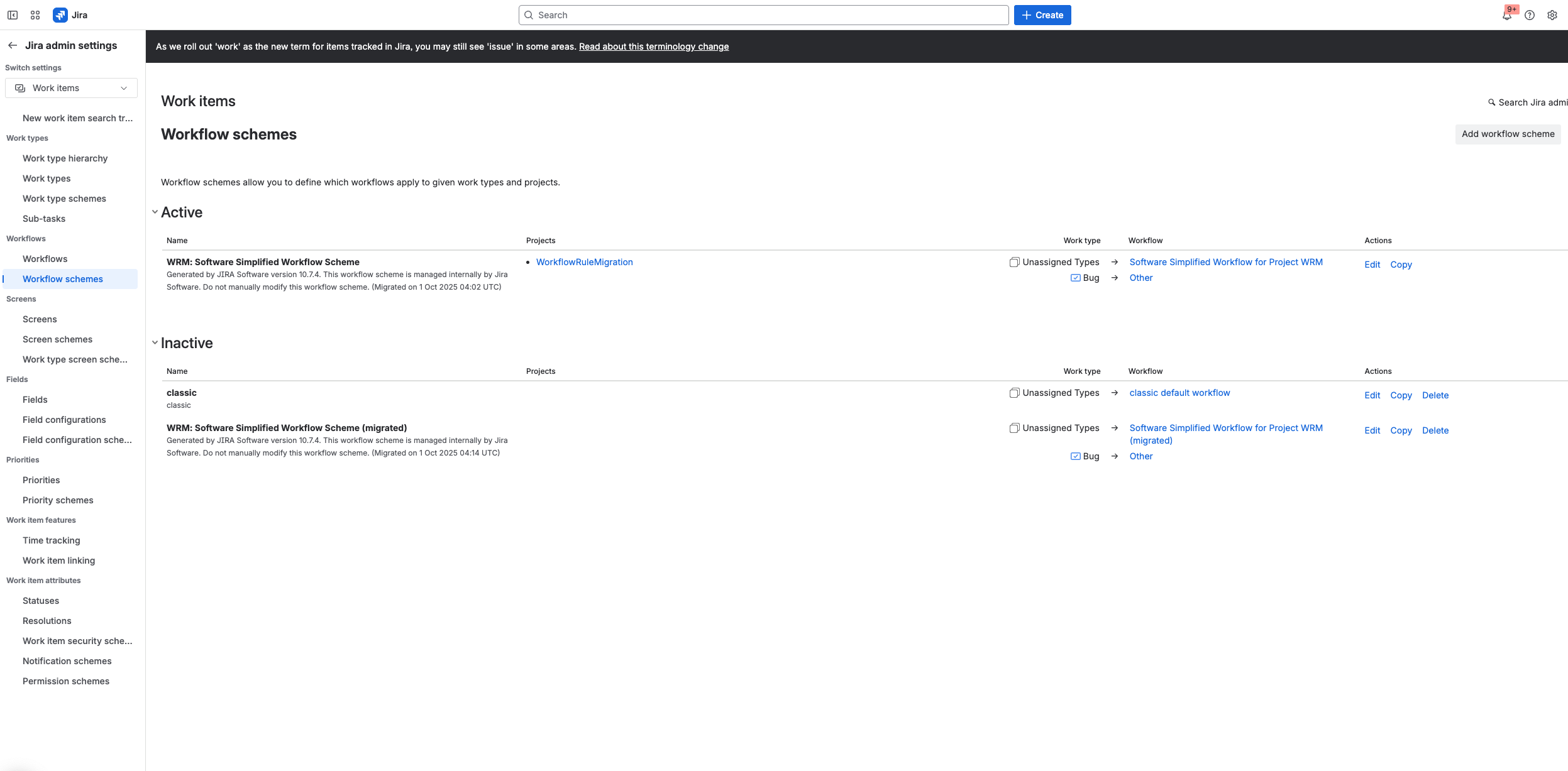 View inactive workflow schemes