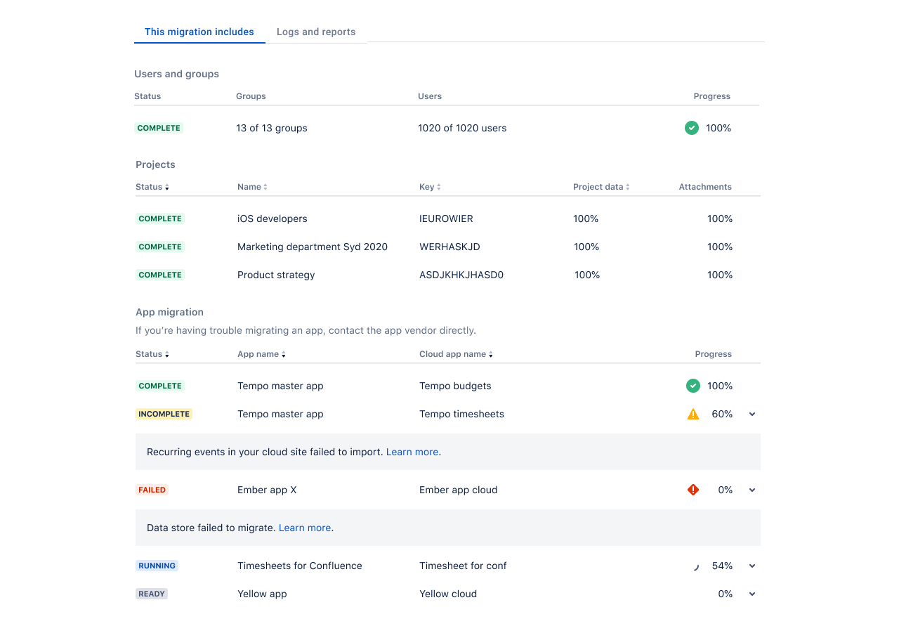 Migration details screen