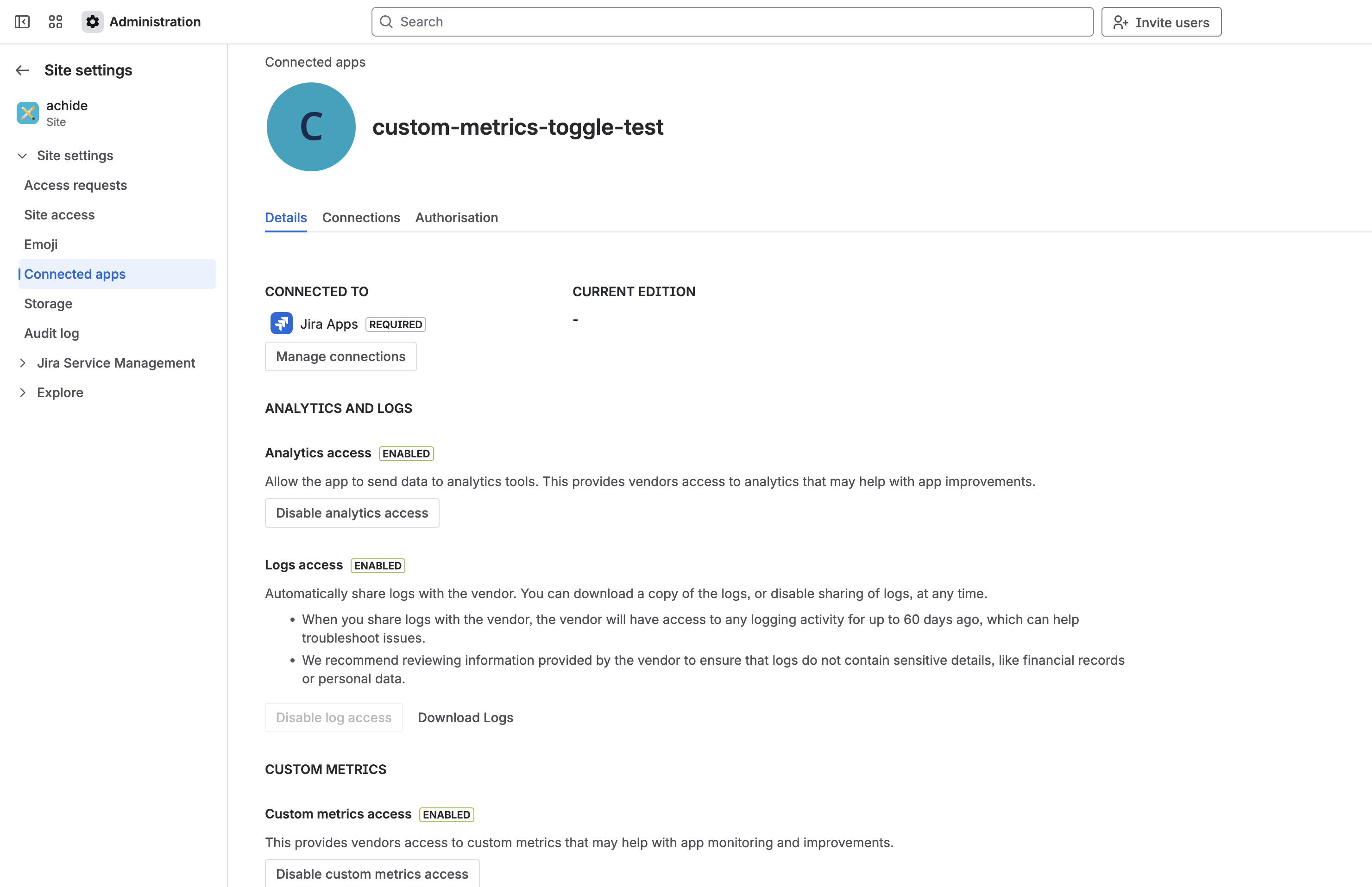 The admin hub app details page, showing details, and the section to enable custom metrics