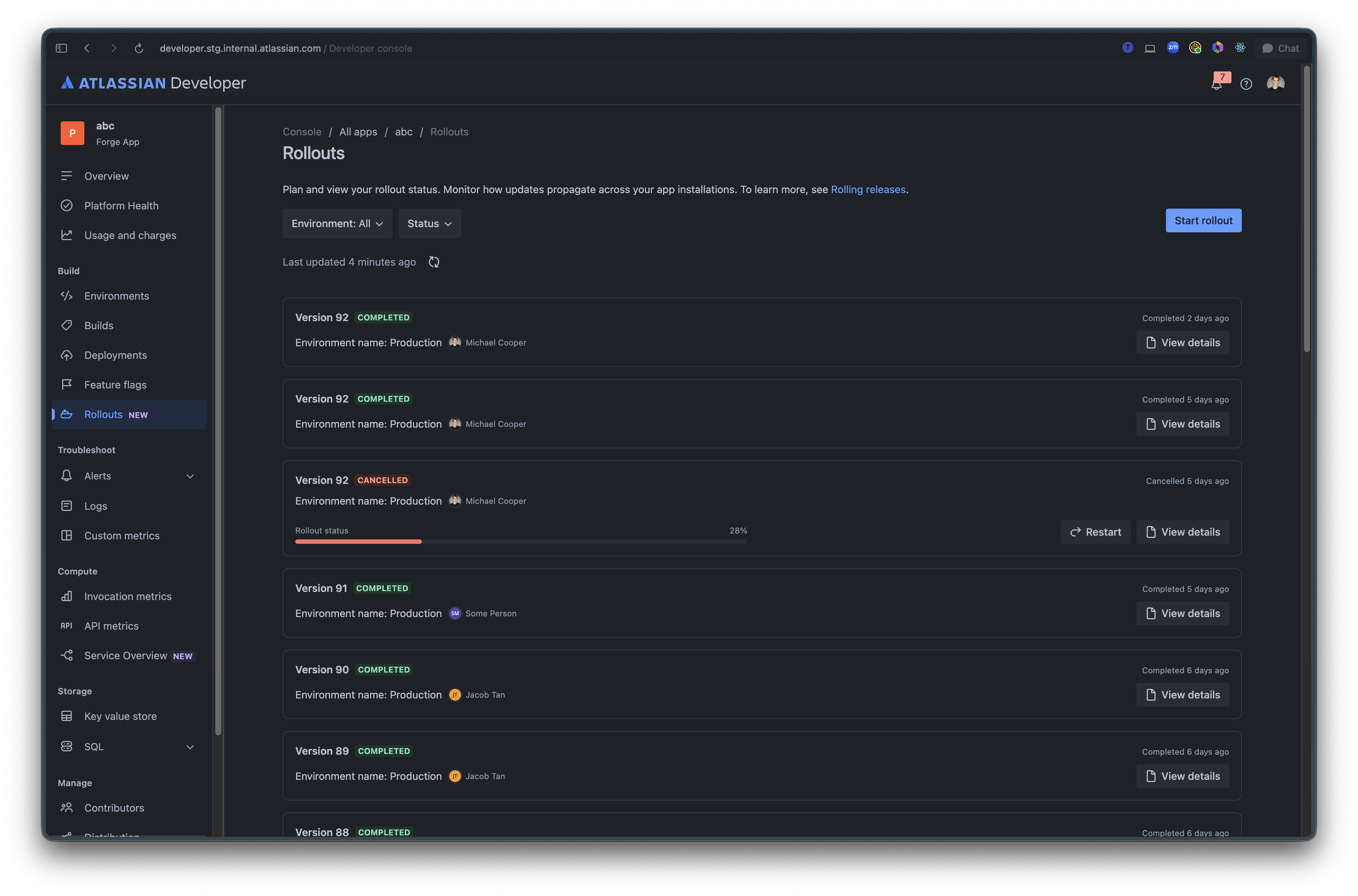 The Rollouts page in Developer Console showing rollout status cards, filters, and actions