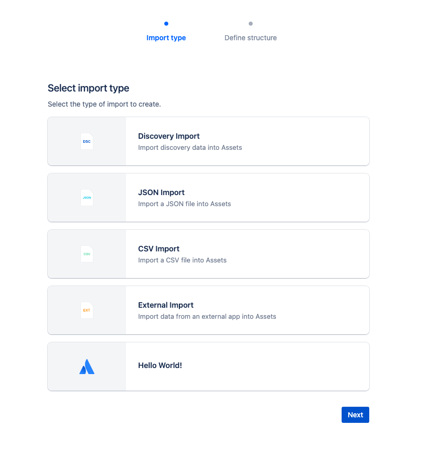 Assets Import Type Selection Screen.