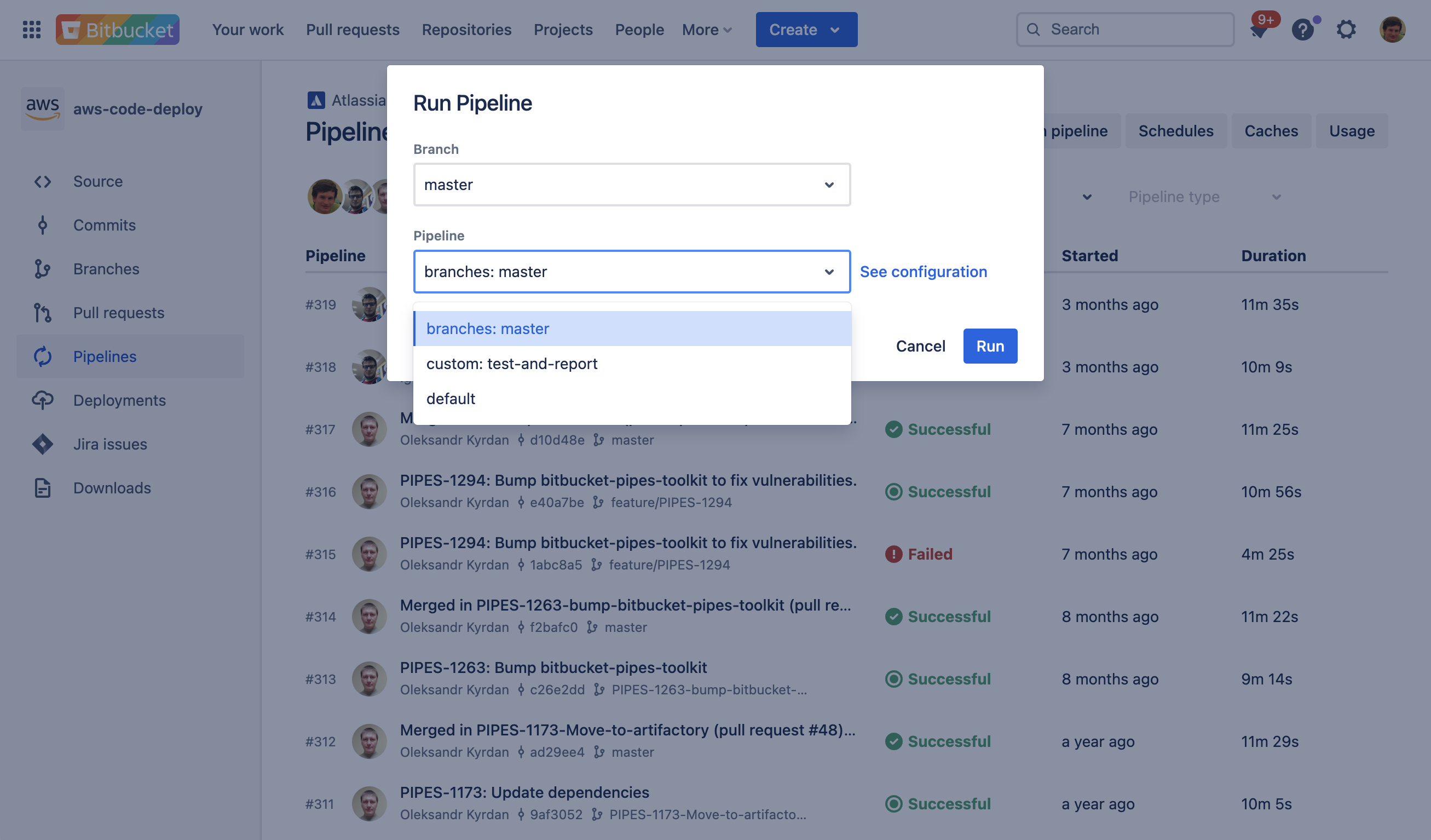 The list of pipeline definitions in the Run pipeline dialog