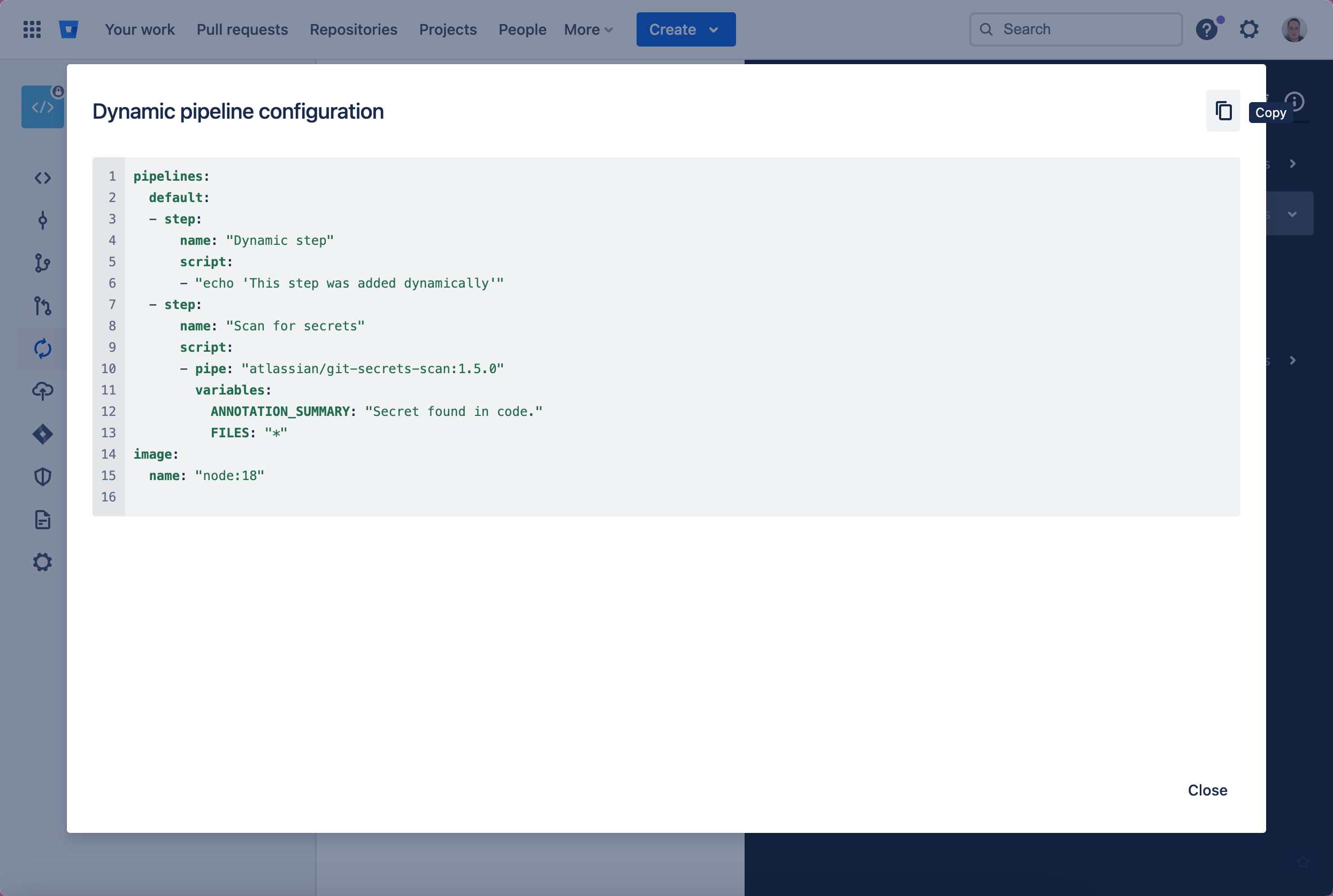 The modal dialog with the dynamic pipeline configuration