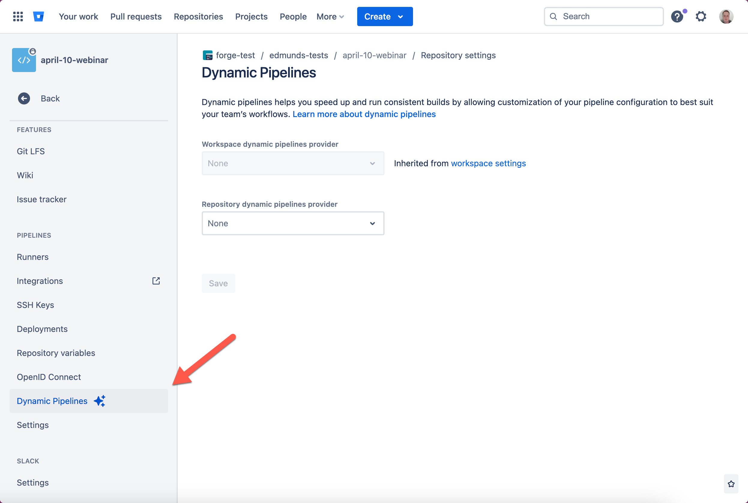 Dynamic Pipelines page in the repository settings