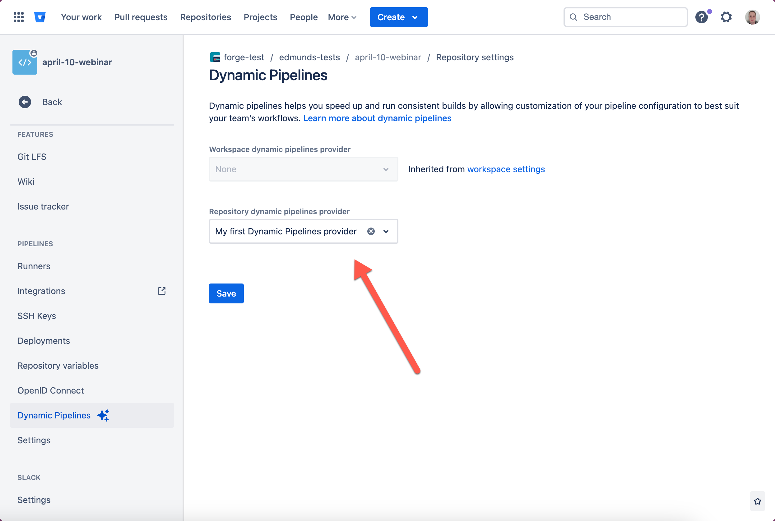 Dynamic Pipelines provider selector displays the installed app