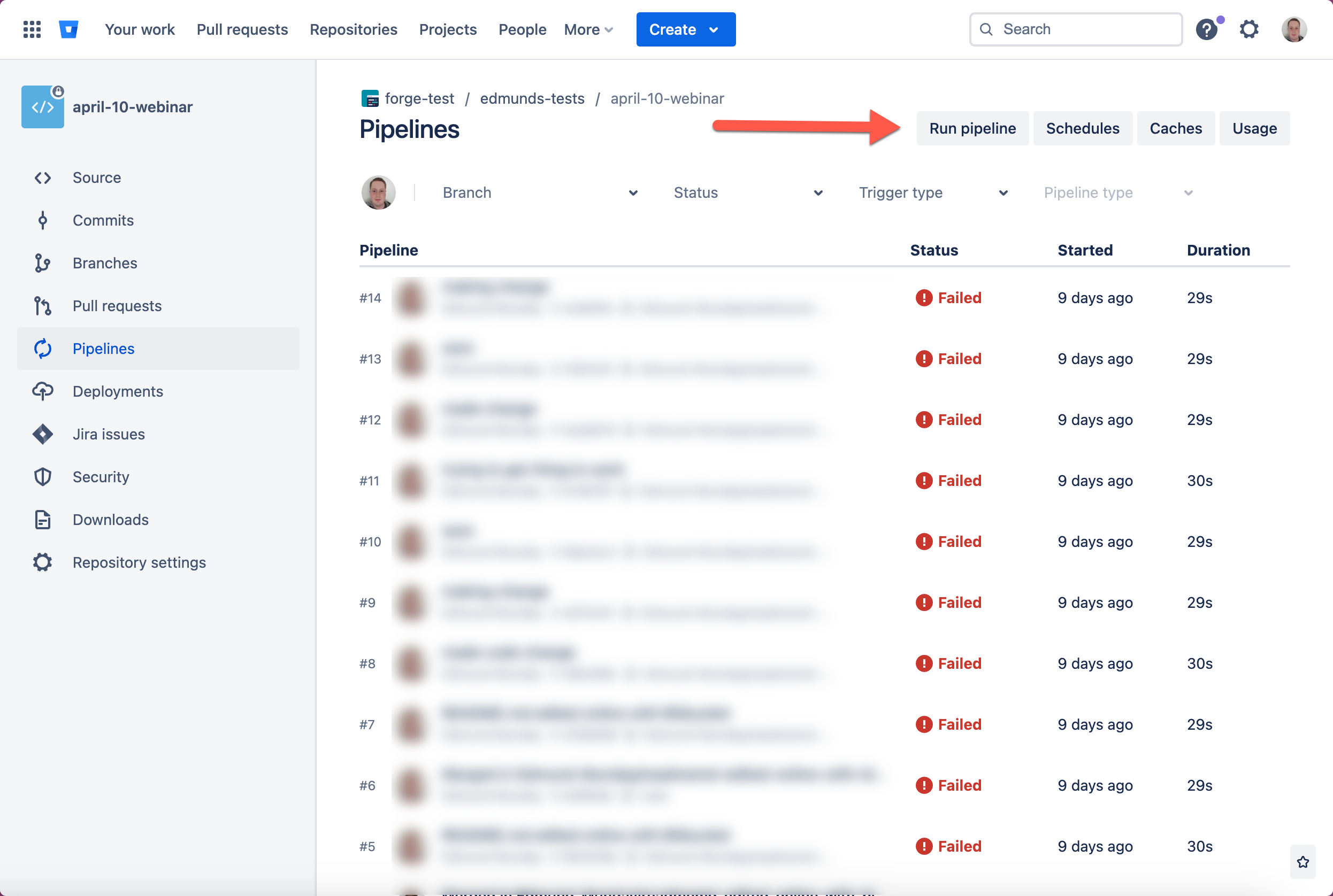 Run pipeline button on the repository pipelines page