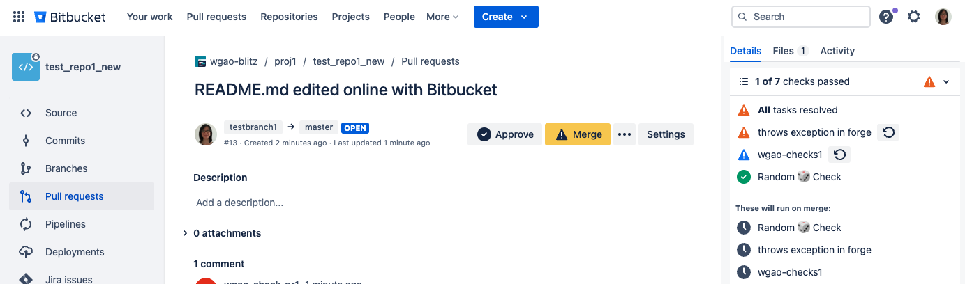 Example of a bitbucket:mergeCheck in a pull request
