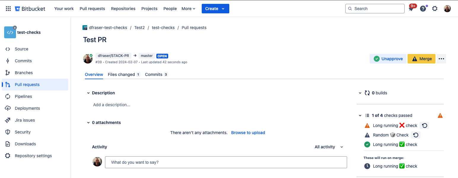 Example of a bitbucket:mergeCheck in a pull request