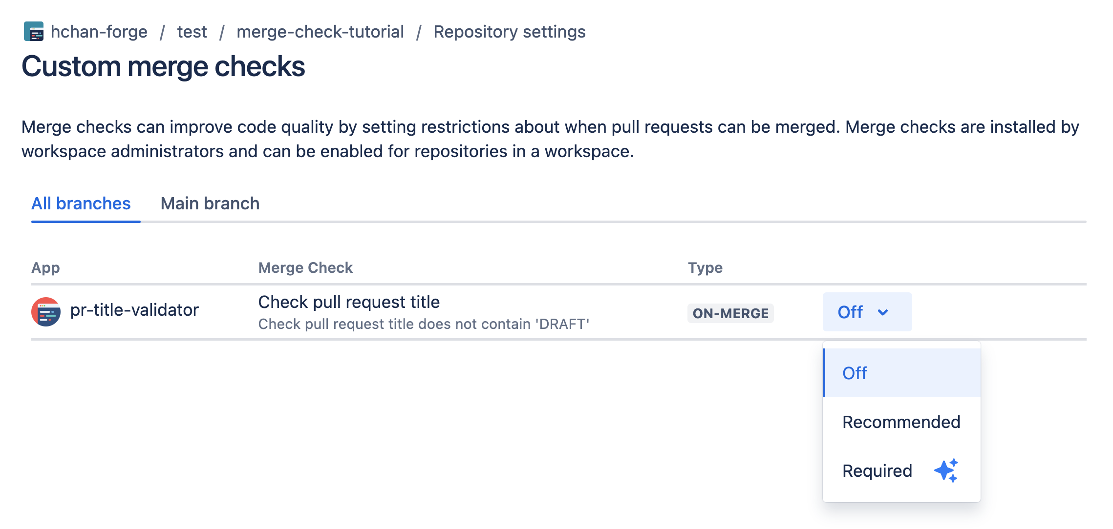 Enable the custom merge check in your repository settings