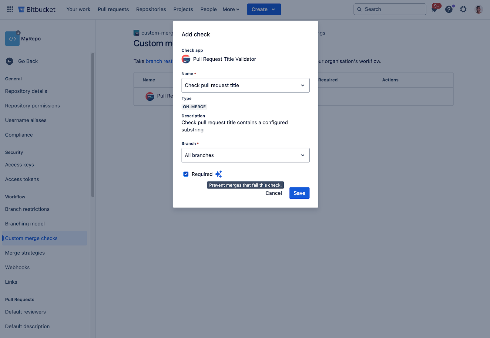 Enable the custom merge check in your repository settings