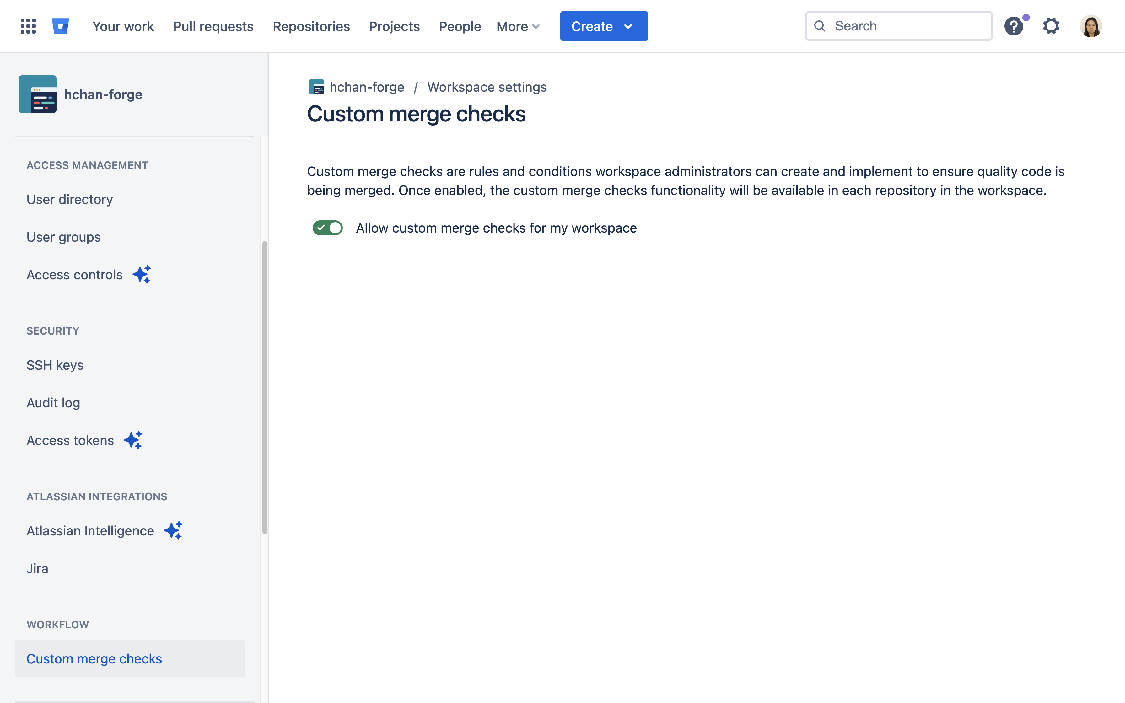Enable the custom merge check feature in your workspace settings