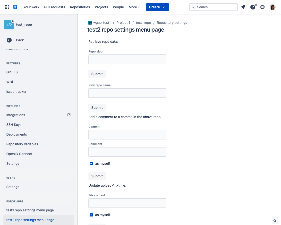 Example of a repository settings menu page