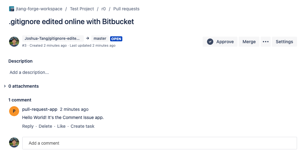 The final app displays on Bitbucket workspace with Hello World comment