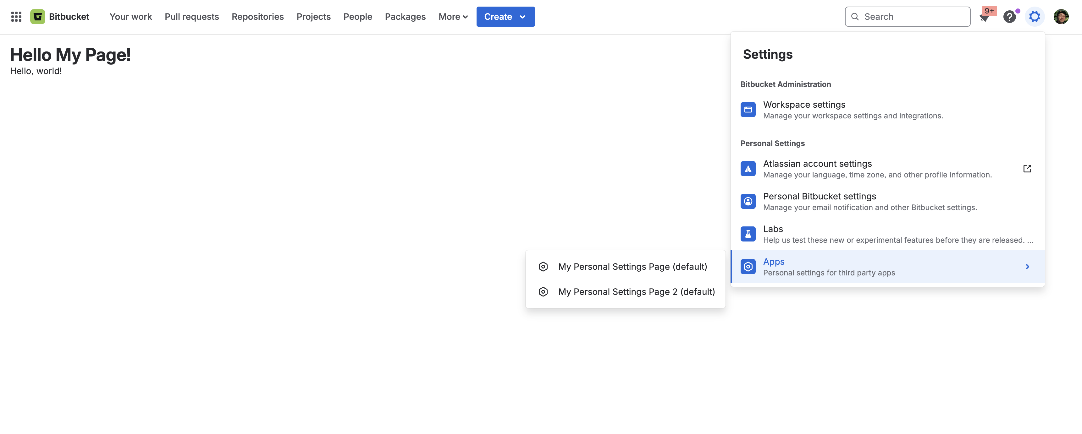 Example of a workspace personal settings page