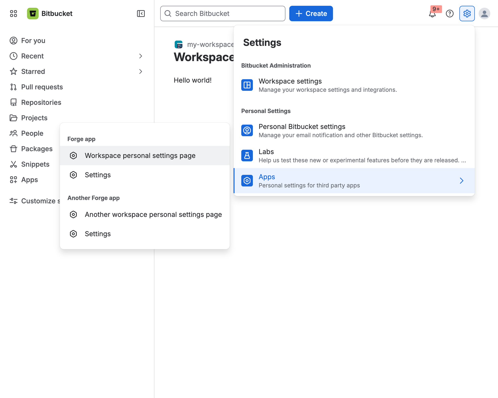 Example of a workspace personal settings page
