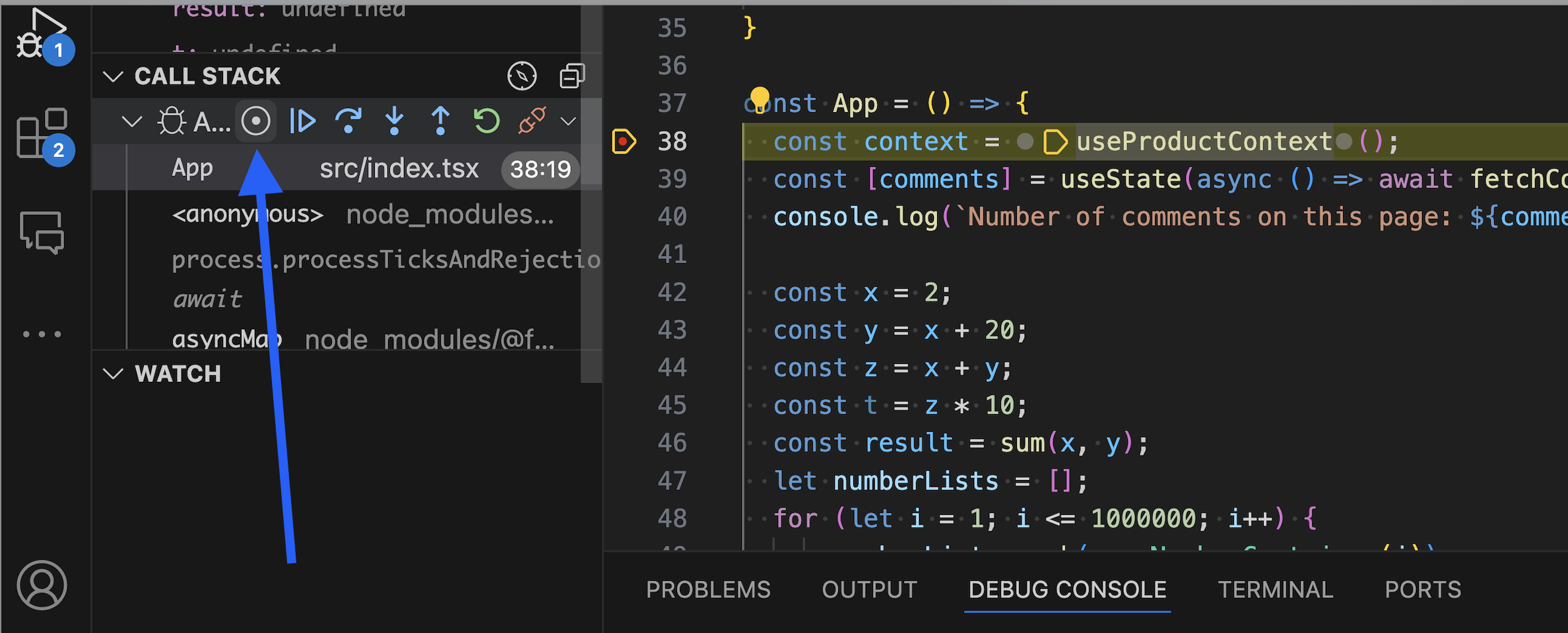 Take performance icon in the VS Code call stack view