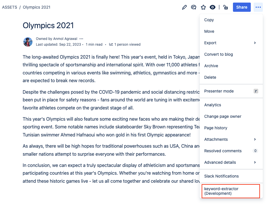 Confluence keyword extractor in three dots menu