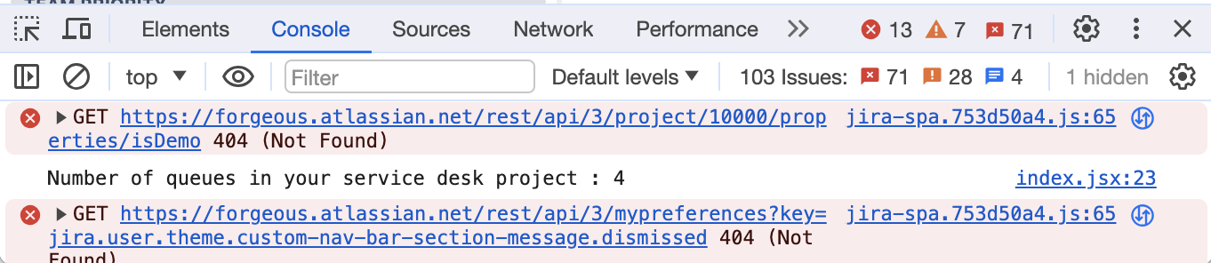 The message displayed in the browser console