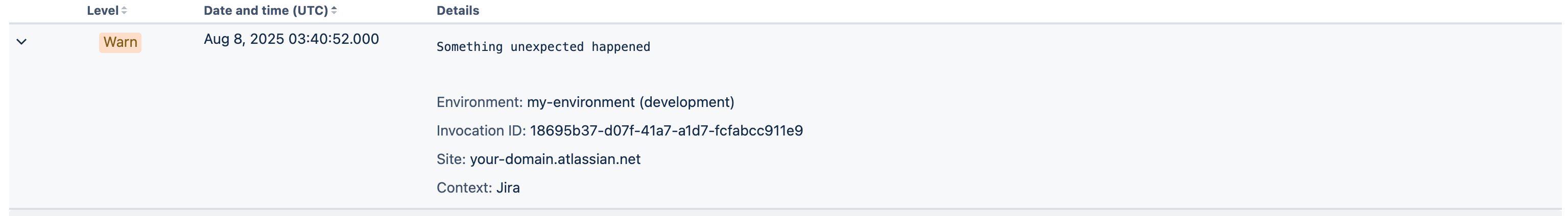 Developer Consoler sample entry for log line