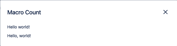 Confluence page showing a modal dialog with the default content from the macro count template