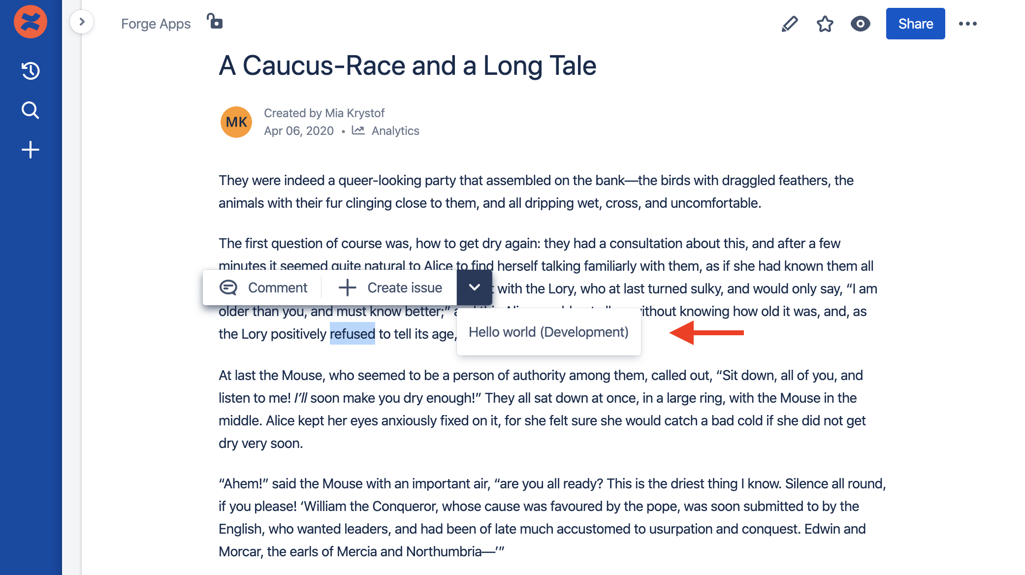 Example of a Context menu