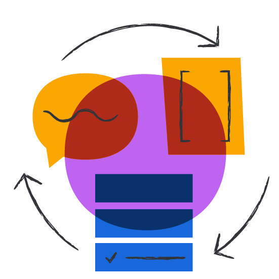 Circular workflow diagram with task list, speech bubble, and checkbox