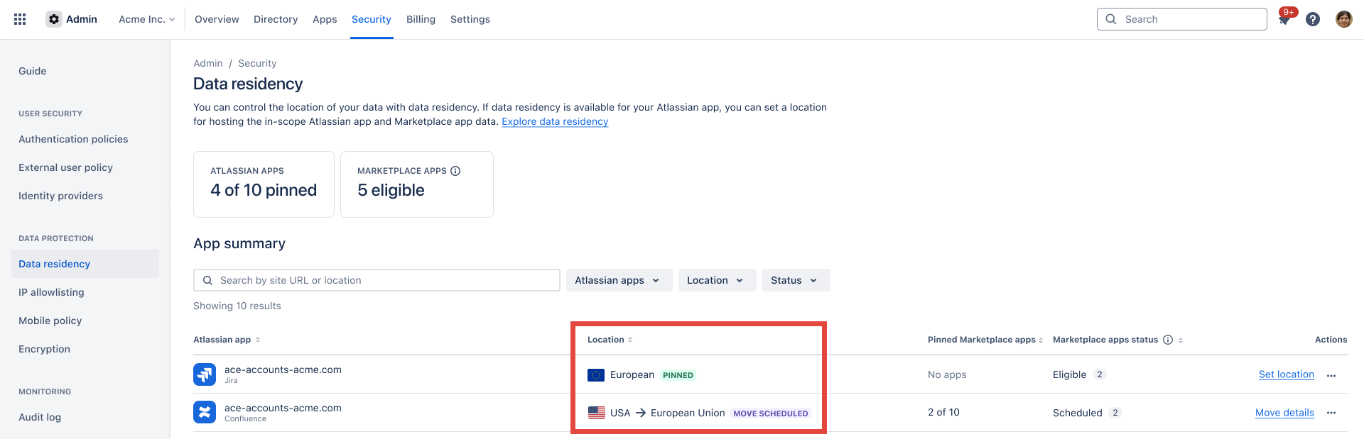 Atlassian app pinned to Europe