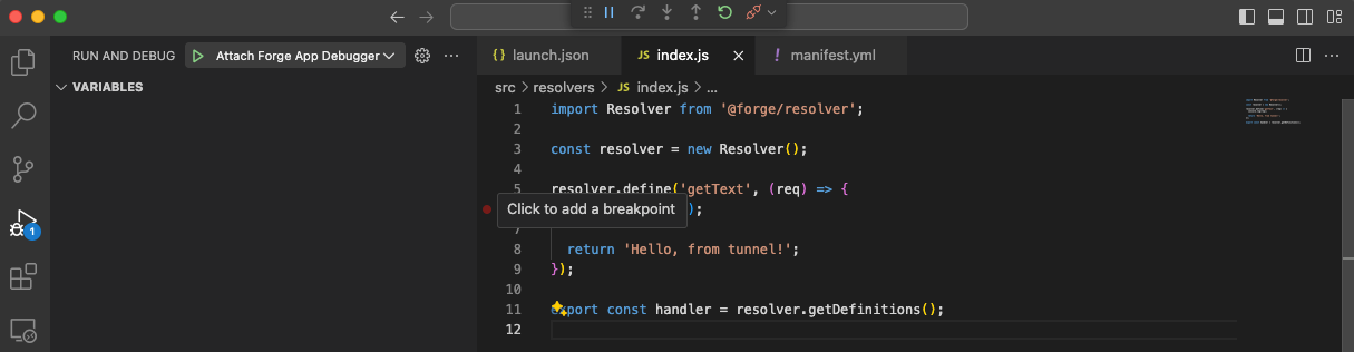 Image of adding a breakpoint on a line of code