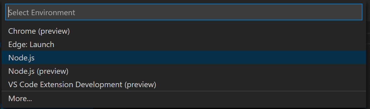 Image of selecting Node.js as debug environment