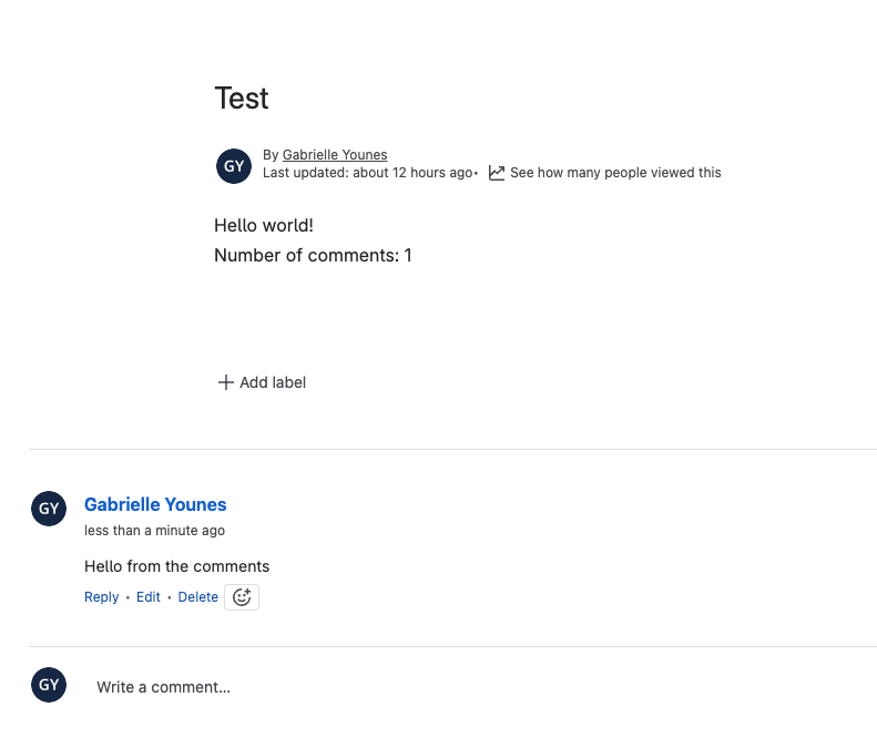 A Confluence page displaying the hello world forge app with comments counted