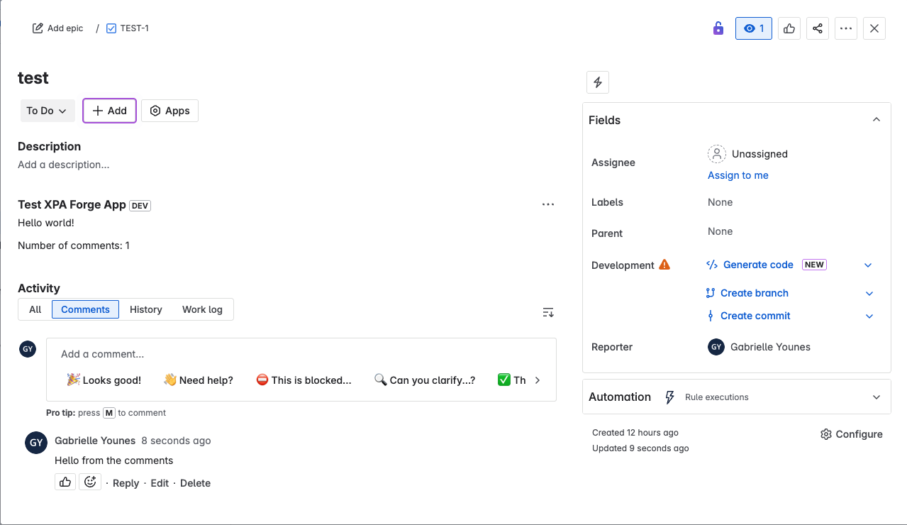A Jira issue displaying the hello world forge app with comments counted