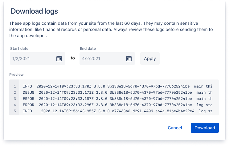 The logs preview modal, displaying logs and date range picker
