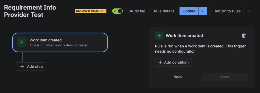 Select the Work Item Created trigger