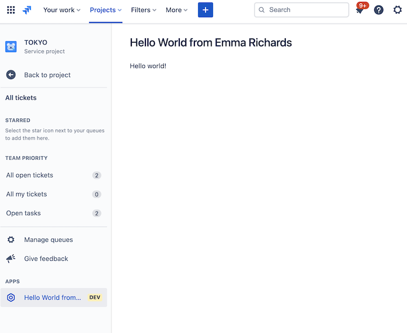 A Jira Service Management Queue page displaying a Custom UI forge app