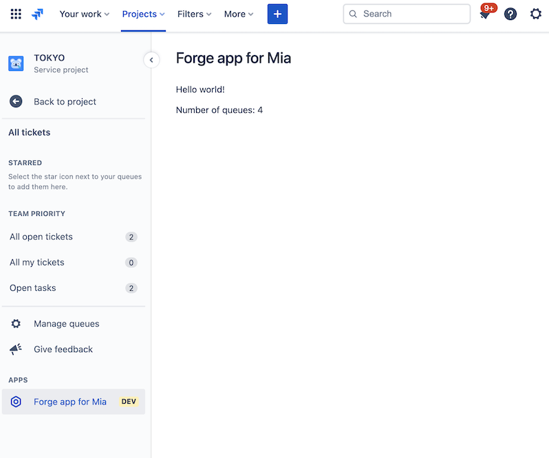 A Jira Service Management queue page app displaying the hello world with queues counted