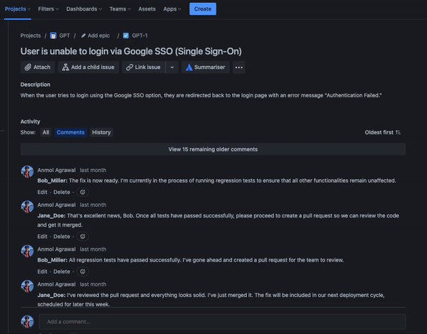 Jira summarizer app in action