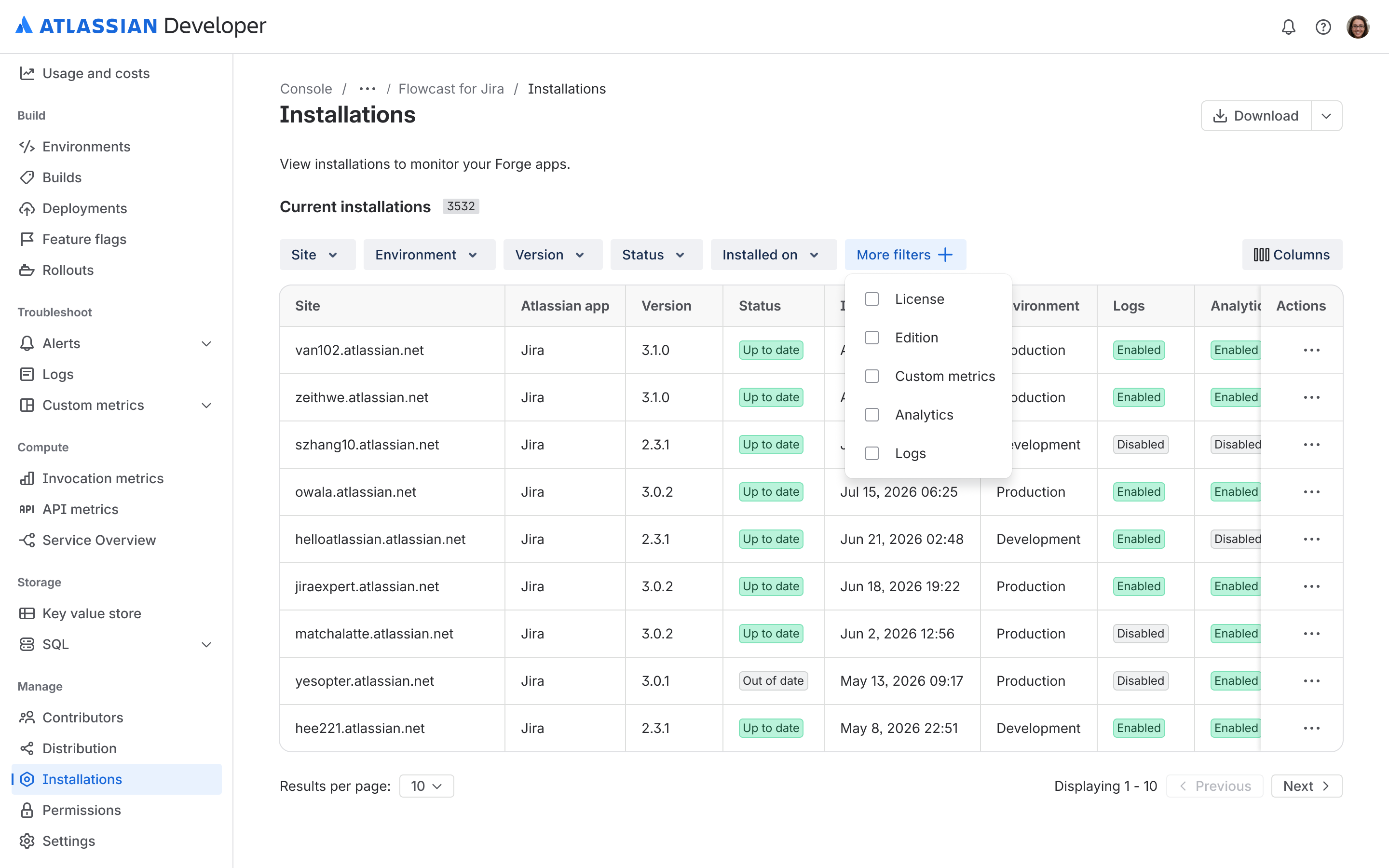The Installations page showing filters, a table of app installations, and pagination controls