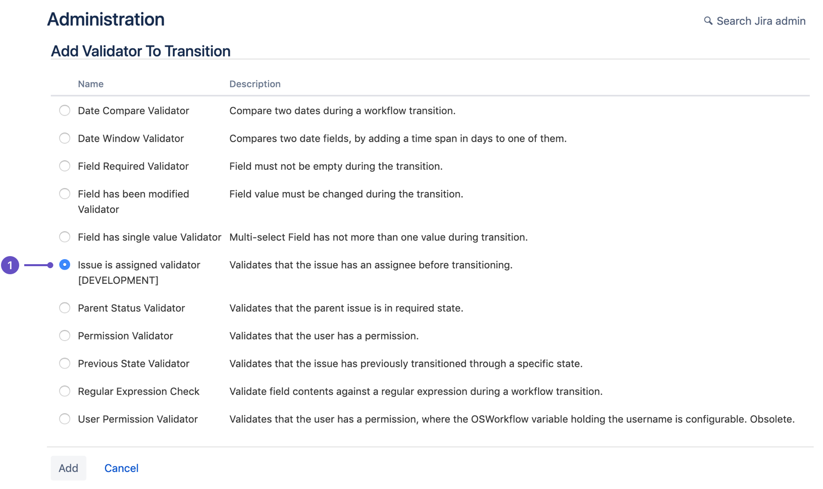 The add validator to transition screen showing the Forge app is selected from a list
